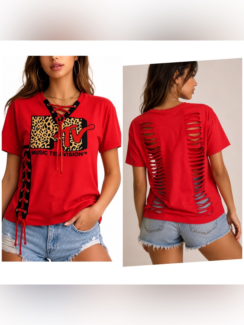 MTV Red Lace-Up Graphic Tee with Leopard Logo upcycle will fit M/L
